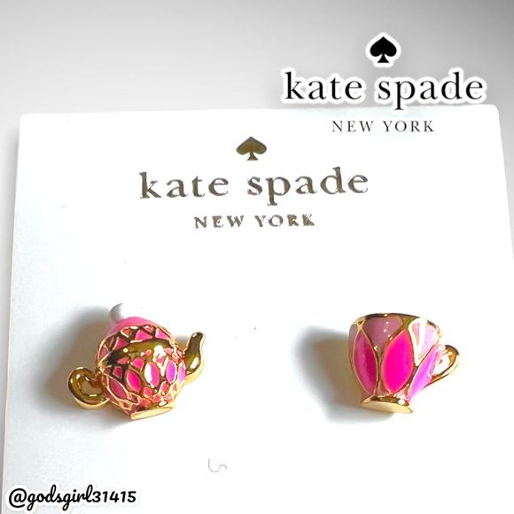 New Kate Spade Alice in Wonderland Pink & 12k Gold-Plated Enamel Earrings $58